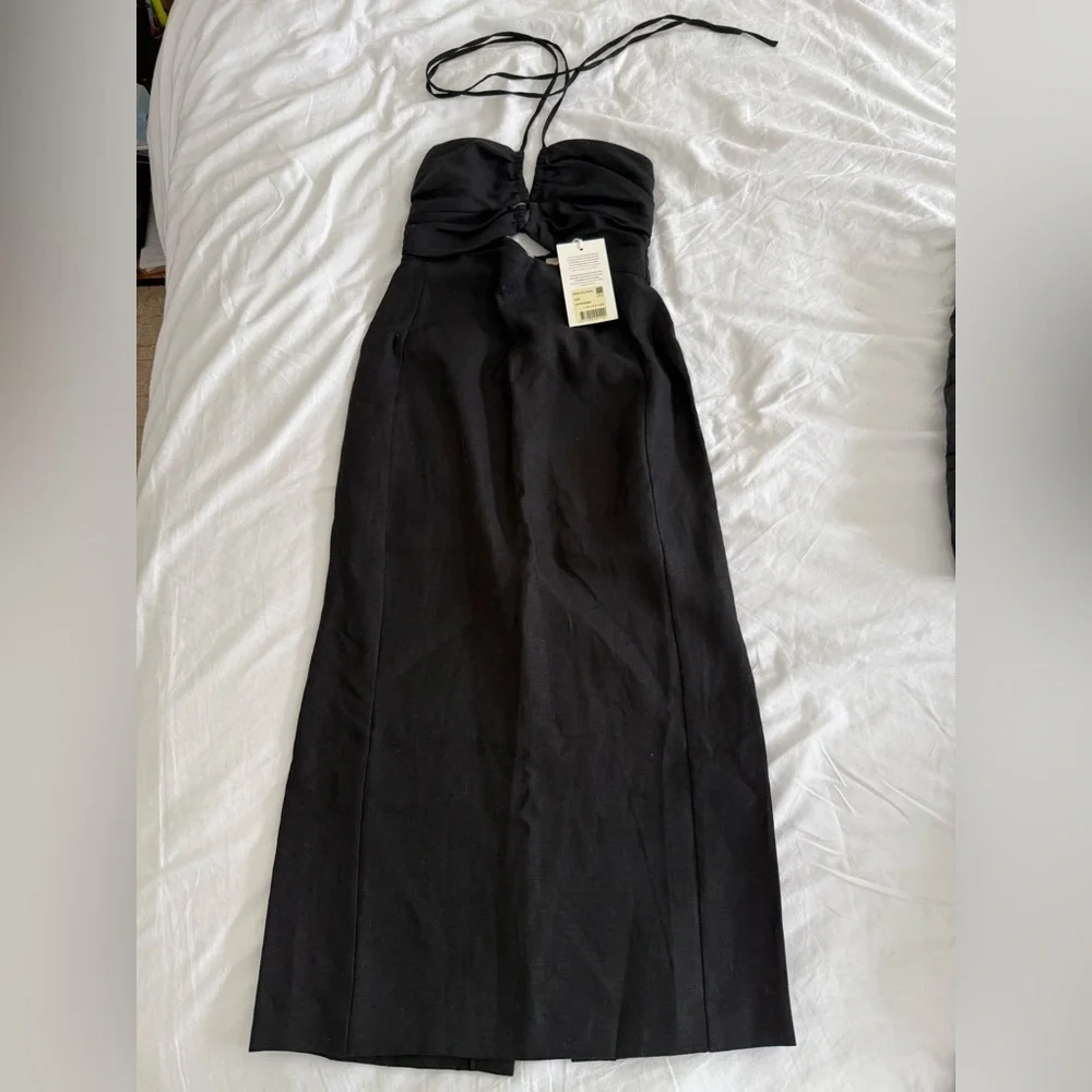 Sezane Pearl Dress Linen Black Cutout Strap Midi - Picture 6 of 10